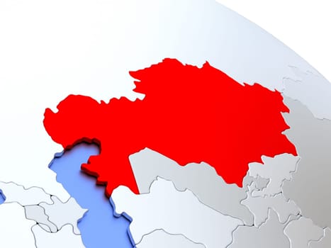 Map of Kazakhstan on elegant silver 3D globe with blue oceans. 3D illustration