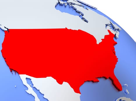 Map of USA on elegant silver 3D globe with blue oceans. 3D illustration