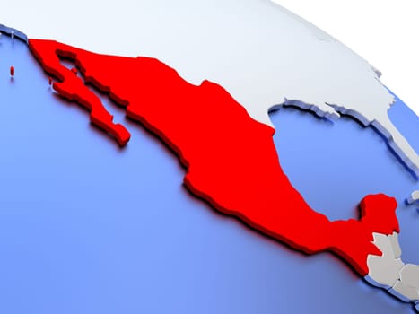 Map of Mexico on elegant silver 3D globe with blue oceans. 3D illustration