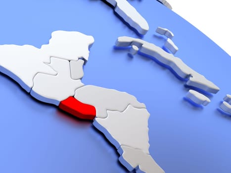 Map of El Salvador on elegant silver 3D globe with blue oceans. 3D illustration