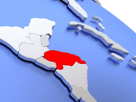 Map of Honduras on elegant silver 3D globe with blue oceans. 3D illustration
