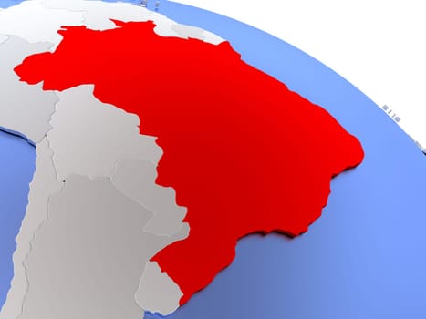 Map of Brazil on elegant silver 3D globe with blue oceans. 3D illustration