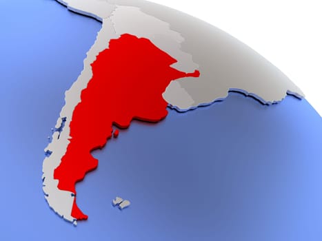 Map of Argentina on elegant silver 3D globe with blue oceans. 3D illustration