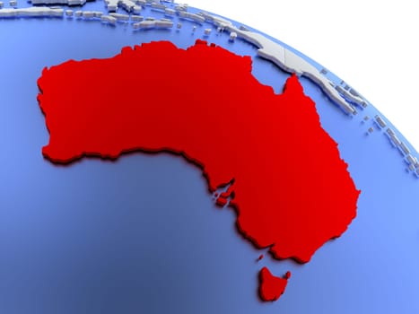 Map of Australia on elegant silver 3D globe with blue oceans. 3D illustration