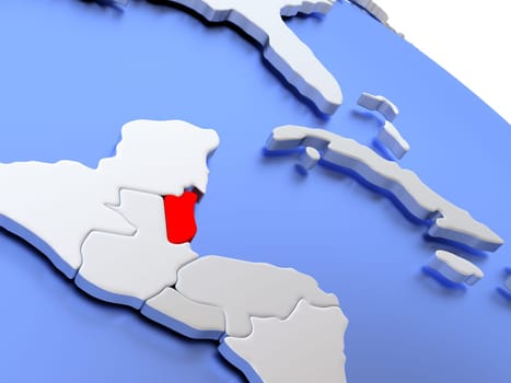 Map of Belize on elegant silver 3D globe with blue oceans. 3D illustration