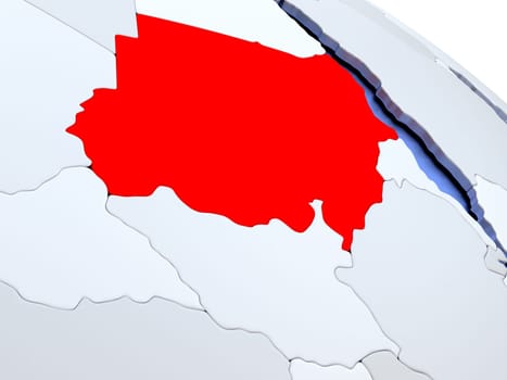 Map of Sudan on elegant silver 3D globe with blue oceans. 3D illustration