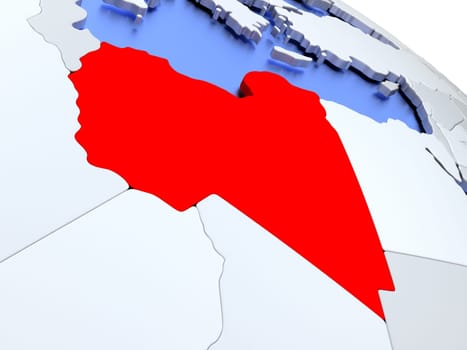 Map of Libya on elegant silver 3D globe with blue oceans. 3D illustration