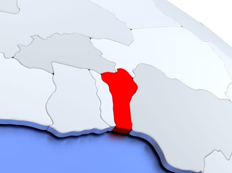 Map of Benin on elegant silver 3D globe with blue oceans. 3D illustration