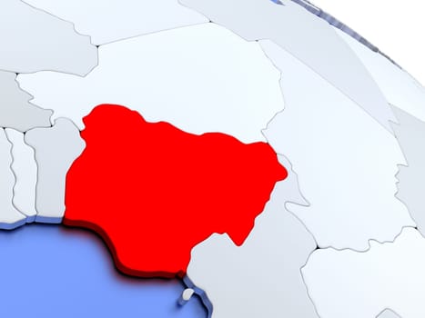 Map of Nigeria on elegant silver 3D globe with blue oceans. 3D illustration