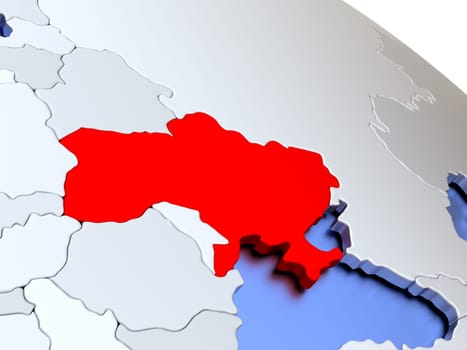 Map of Ukraine on elegant silver 3D globe with blue oceans. 3D illustration