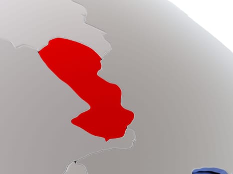 Map of Paraguay on elegant silver 3D globe with blue oceans. 3D illustration