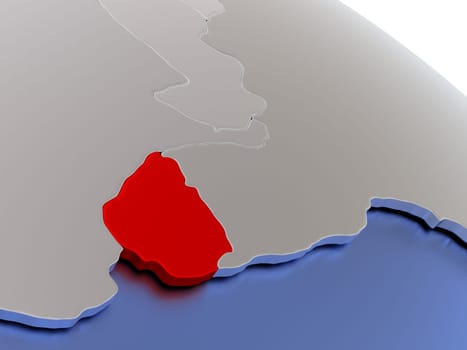 Map of Uruguay on elegant silver 3D globe with blue oceans. 3D illustration