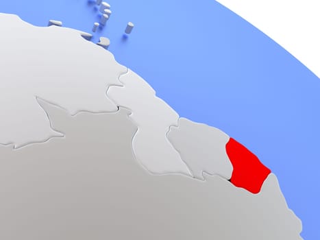 Map of French Guiana on elegant silver 3D globe with blue oceans. 3D illustration