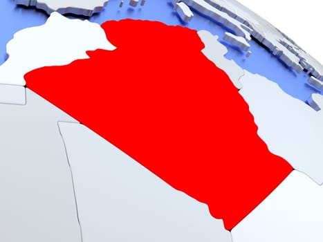 Map of Algeria on elegant silver 3D globe with blue oceans. 3D illustration
