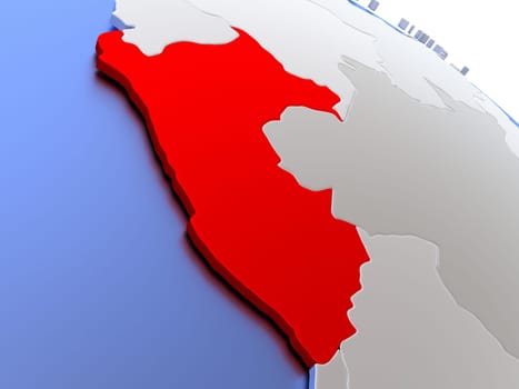 Map of Peru on elegant silver 3D globe with blue oceans. 3D illustration