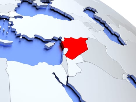 Map of Syria on elegant silver 3D globe with blue oceans. 3D illustration