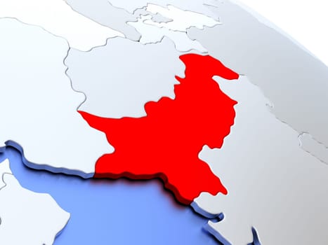 Map of Pakistan on elegant silver 3D globe with blue oceans. 3D illustration