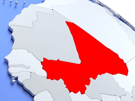 Map of Mali on elegant silver 3D globe with blue oceans. 3D illustration