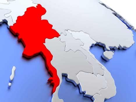 Map of Myanmar on elegant silver 3D globe with blue oceans. 3D illustration