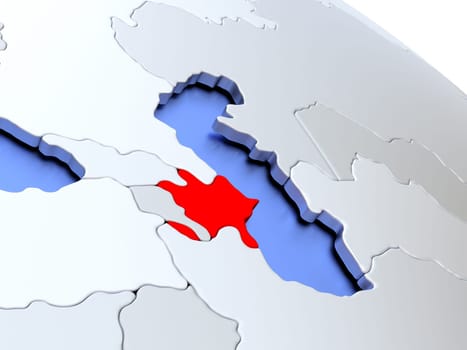 Map of Azerbaijan on elegant silver 3D globe with blue oceans. 3D illustration