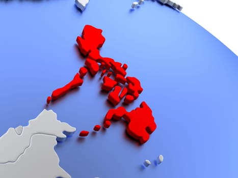 Map of Philippines on elegant silver 3D globe with blue oceans. 3D illustration