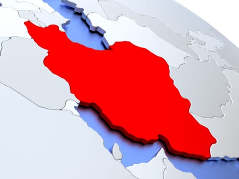 Map of Iran on elegant silver 3D globe with blue oceans. 3D illustration