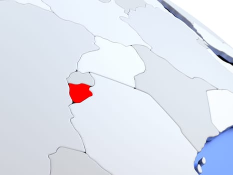 Map of Burundi on elegant silver 3D globe with blue oceans. 3D illustration