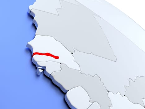 Map of Gambia on elegant silver 3D globe with blue oceans. 3D illustration