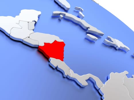 Map of Nicaragua on elegant silver 3D globe with blue oceans. 3D illustration