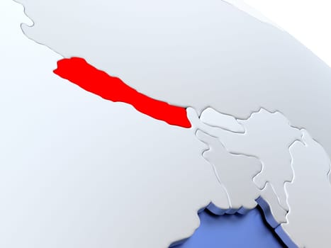 Map of Nepal on elegant silver 3D globe with blue oceans. 3D illustration