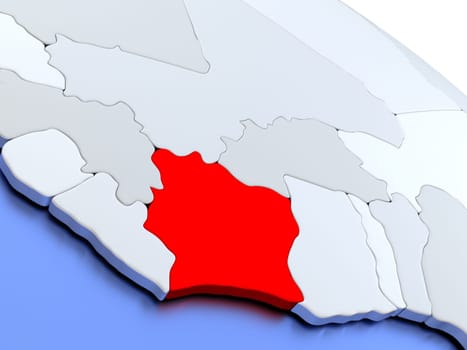 Map of Ivory Coast on elegant silver 3D globe with blue oceans. 3D illustration