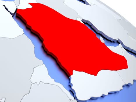 Map of Saudi Arabia on elegant silver 3D globe with blue oceans. 3D illustration