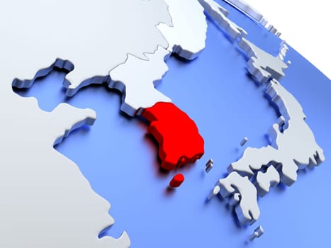 Map of South Korea on elegant silver 3D globe with blue oceans. 3D illustration