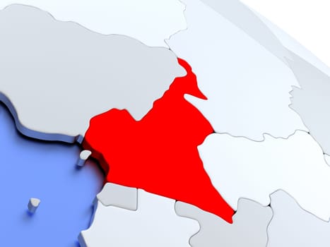 Map of Cameroon on elegant silver 3D globe with blue oceans. 3D illustration