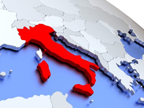 Map of Italy on elegant silver 3D globe with blue oceans. 3D illustration