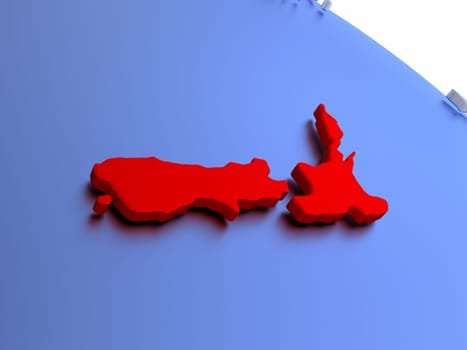 Map of New Zealand on elegant silver 3D globe with blue oceans. 3D illustration