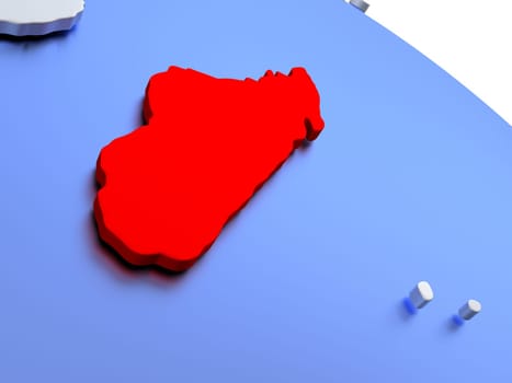 Map of Madagascar on elegant silver 3D globe with blue oceans. 3D illustration