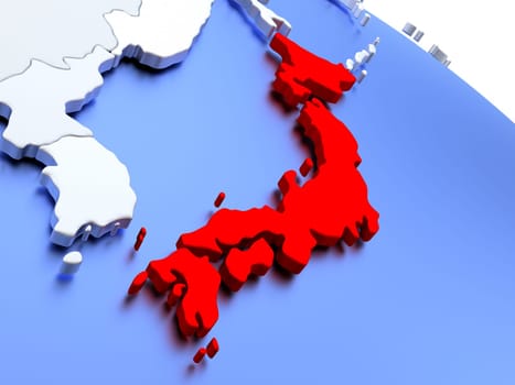 Map of Japan on elegant silver 3D globe with blue oceans. 3D illustration