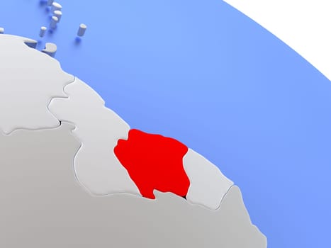 Map of Suriname on elegant silver 3D globe with blue oceans. 3D illustration