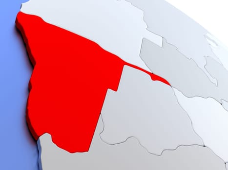 Map of Namibia on elegant silver 3D globe with blue oceans. 3D illustration