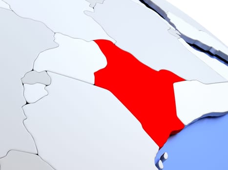 Map of Kenya on elegant silver 3D globe with blue oceans. 3D illustration