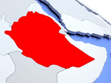 Map of Ethiopia on elegant silver 3D globe with blue oceans. 3D illustration