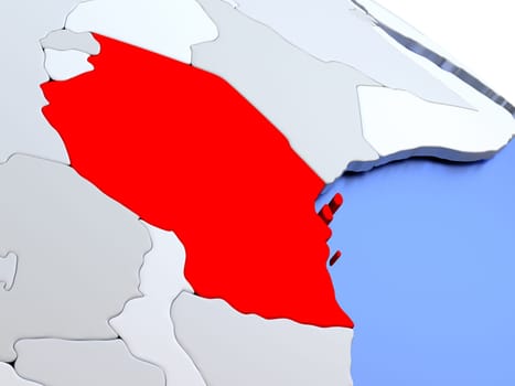 Map of Tanzania on elegant silver 3D globe with blue oceans. 3D illustration