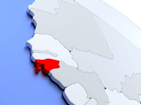 Map of Guinea-Bissau on elegant silver 3D globe with blue oceans. 3D illustration