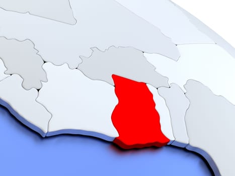Map of Ghana on elegant silver 3D globe with blue oceans. 3D illustration