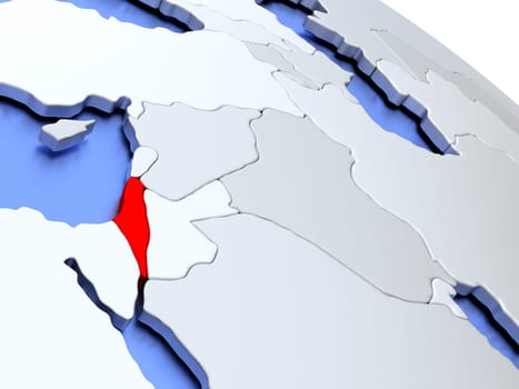 Map of Israel on elegant silver 3D globe with blue oceans. 3D illustration