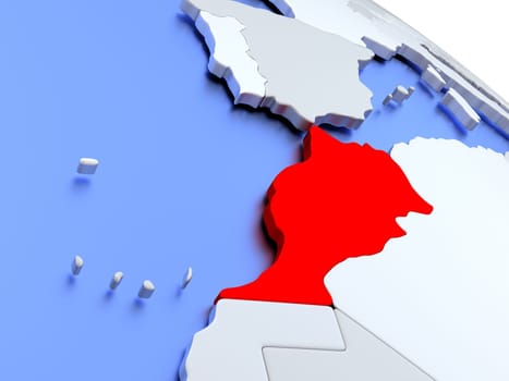 Map of Morocco on elegant silver 3D globe with blue oceans. 3D illustration