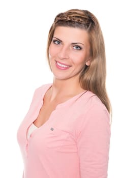 Portrait of a young woman against a white background