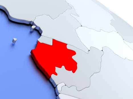 Map of Gabon on elegant silver 3D globe with blue oceans. 3D illustration