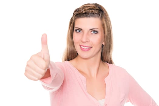 Studio recording of a young woman with a thumbs upstretched